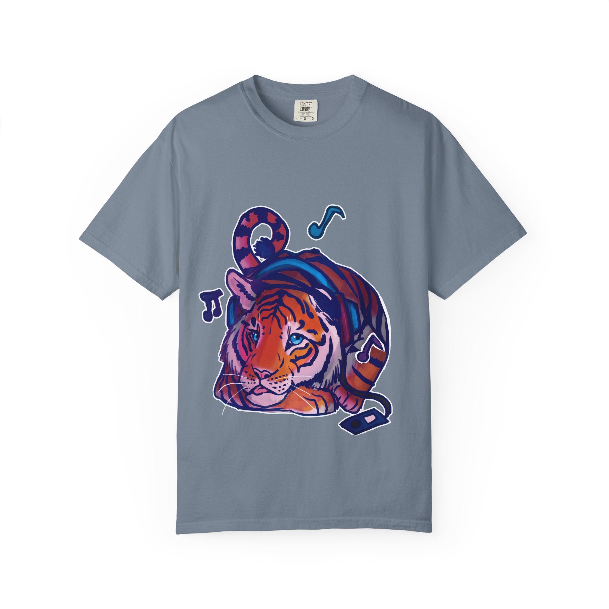 Tiger Listening to Music T-Shirt — Colorful Relaxed Cat Nap Graphic Tee