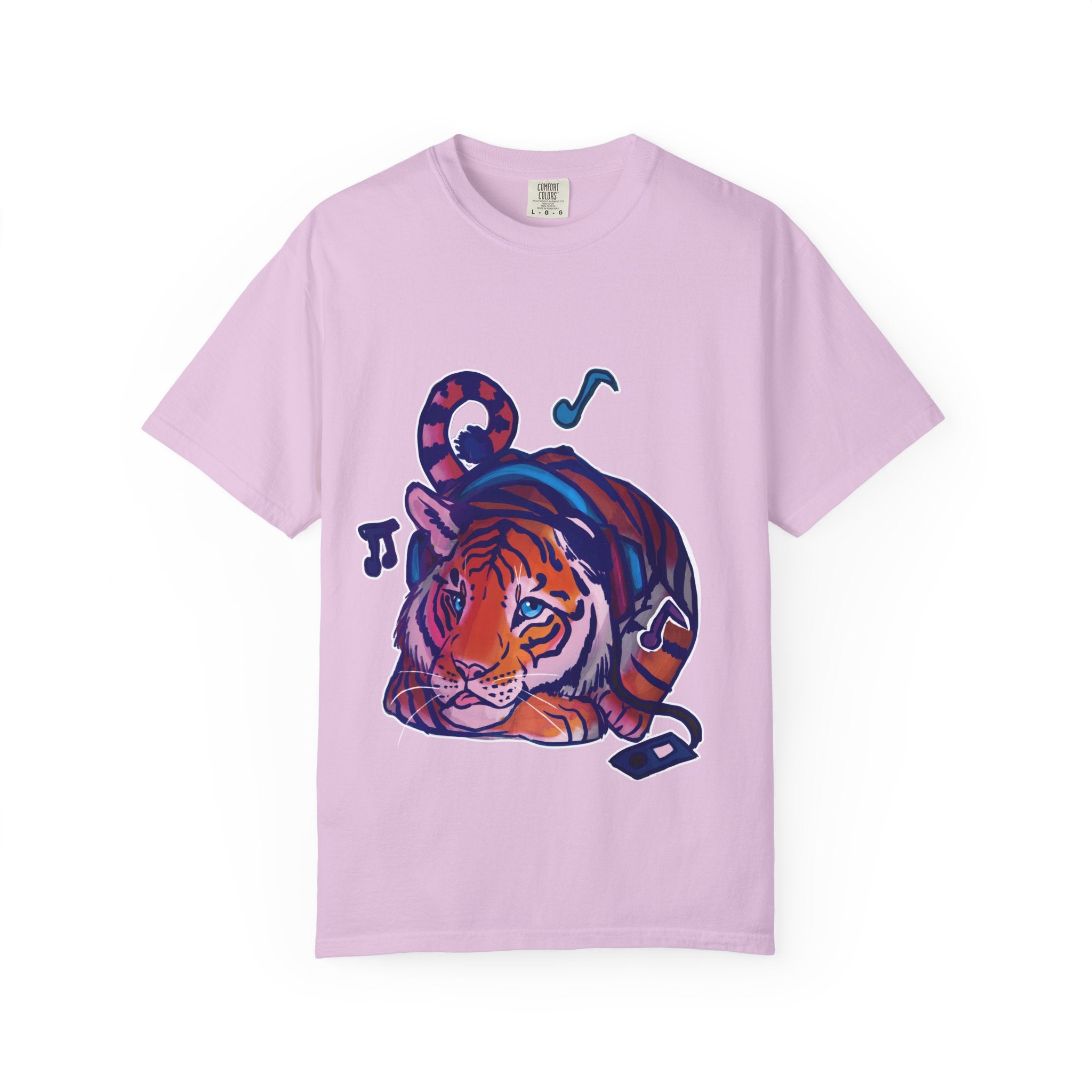 Tiger Listening to Music T-Shirt — Colorful Relaxed Cat Nap Graphic Tee