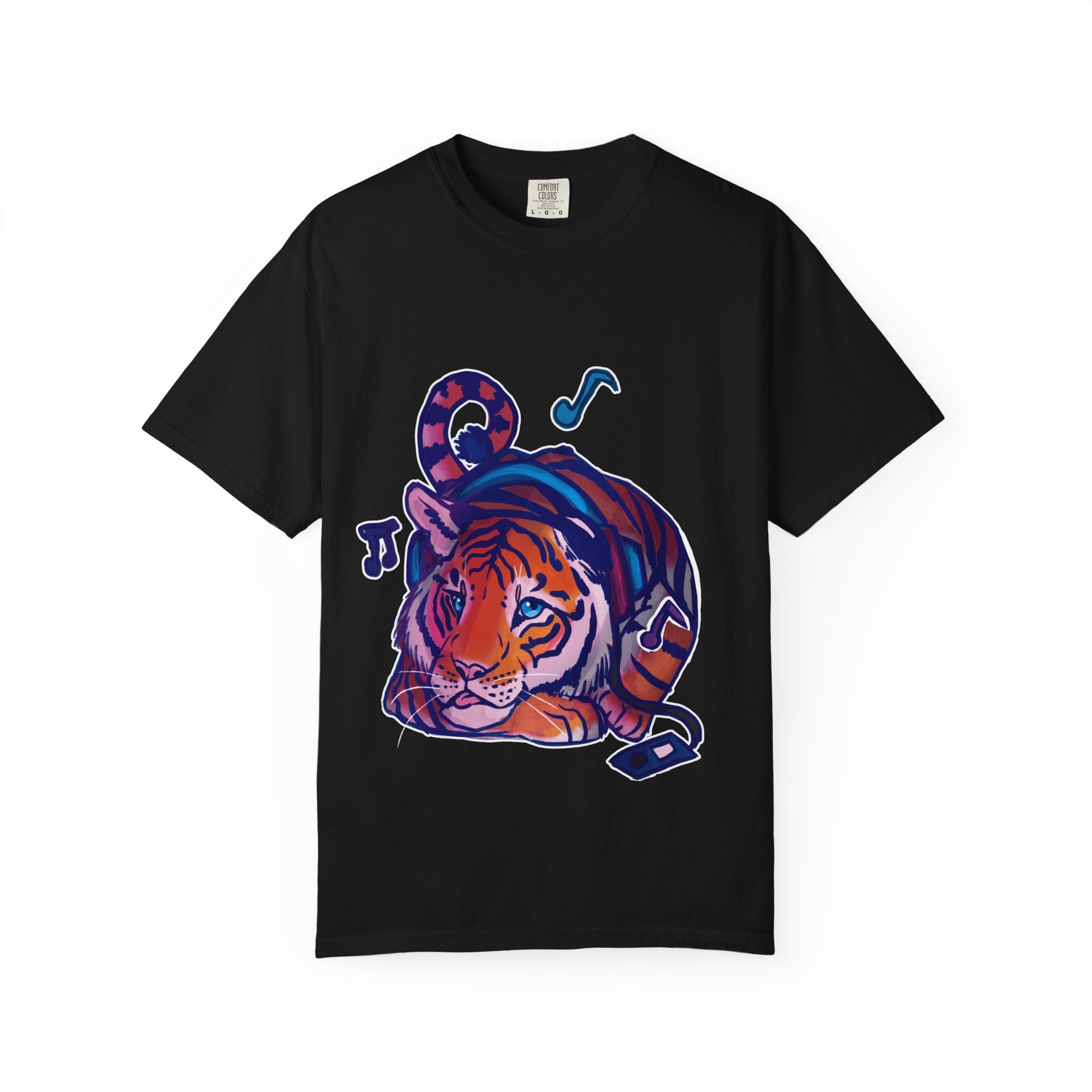 Tiger Listening to Music T-Shirt — Colorful Relaxed Cat Nap Graphic Tee