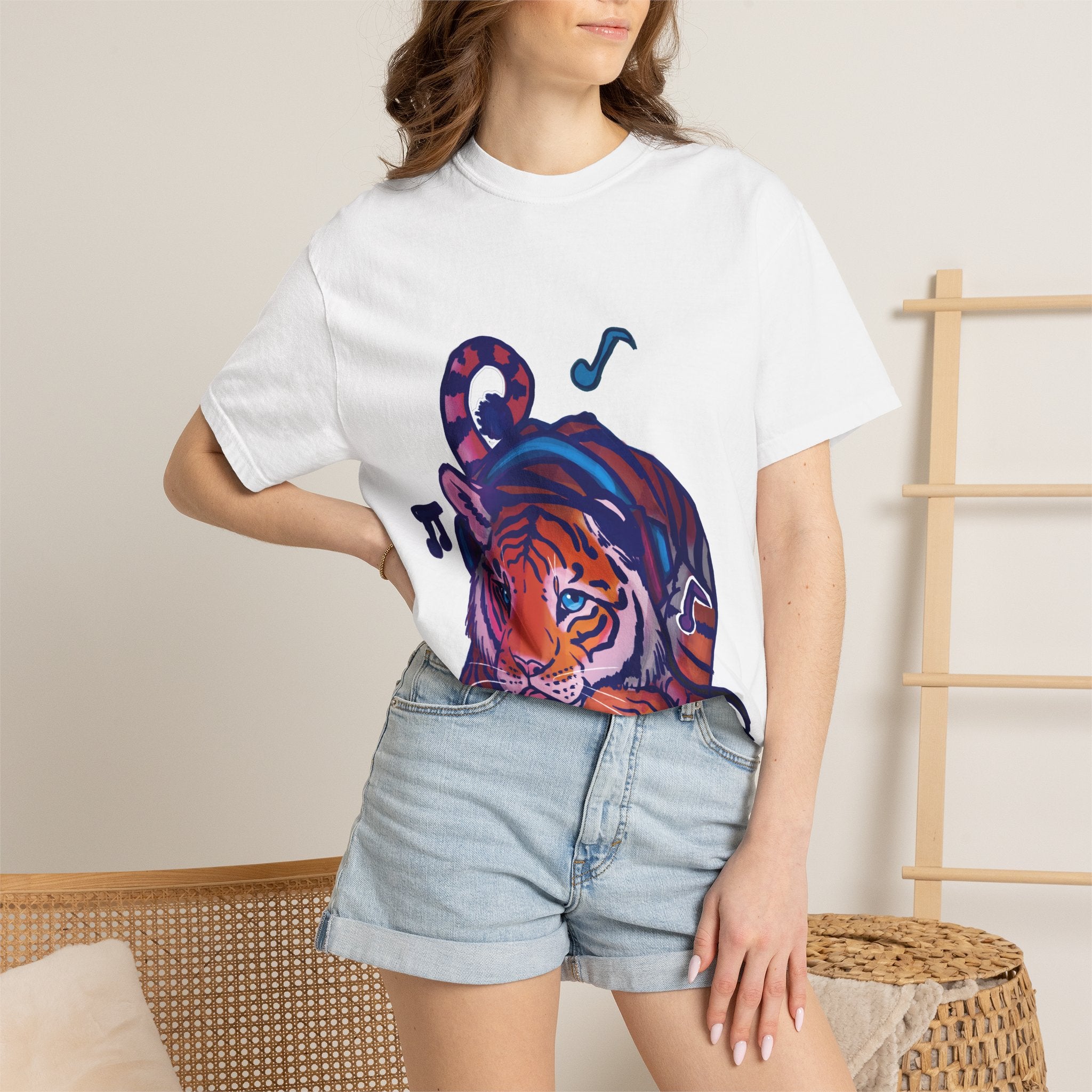 Tiger Listening to Music T-Shirt — Colorful Relaxed Cat Nap Graphic Tee
