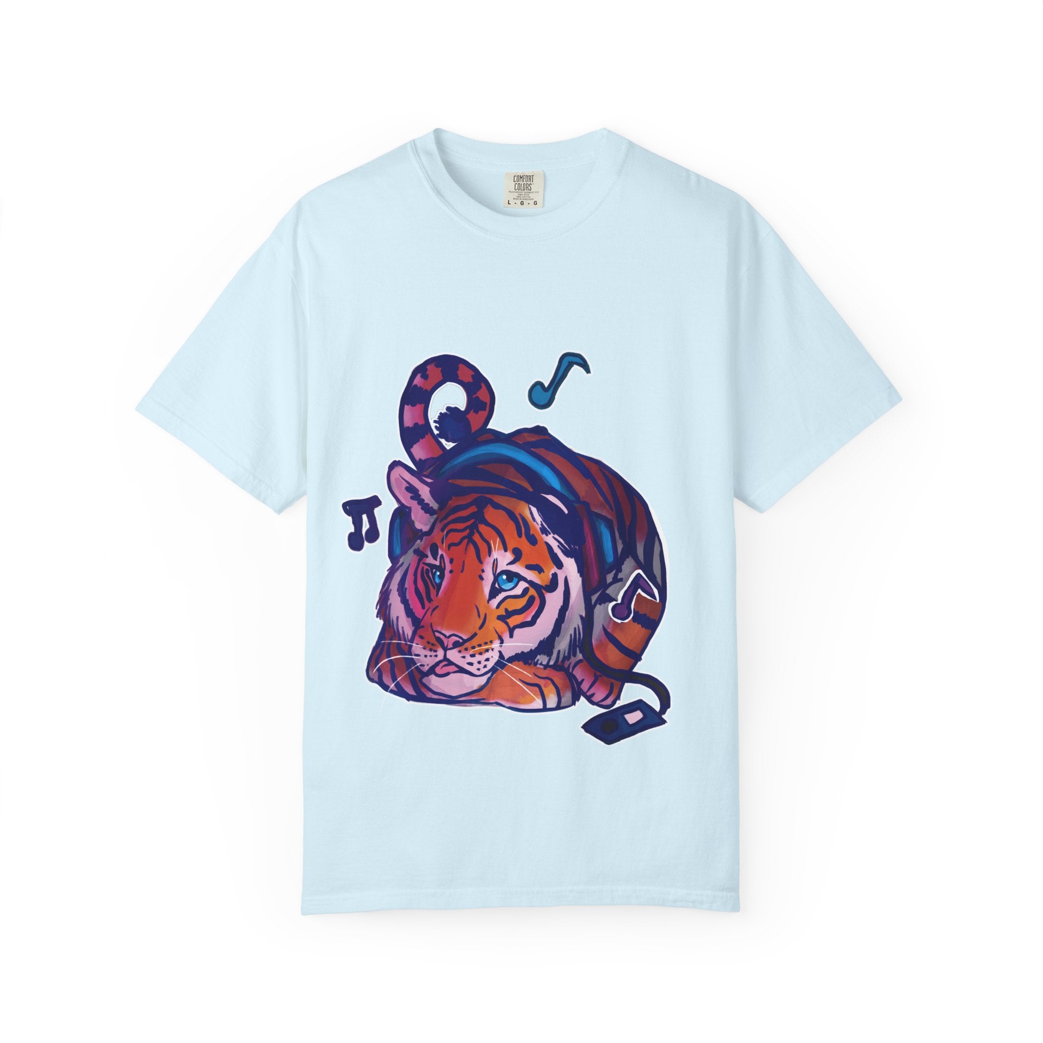 Tiger Listening to Music T-Shirt — Colorful Relaxed Cat Nap Graphic Tee