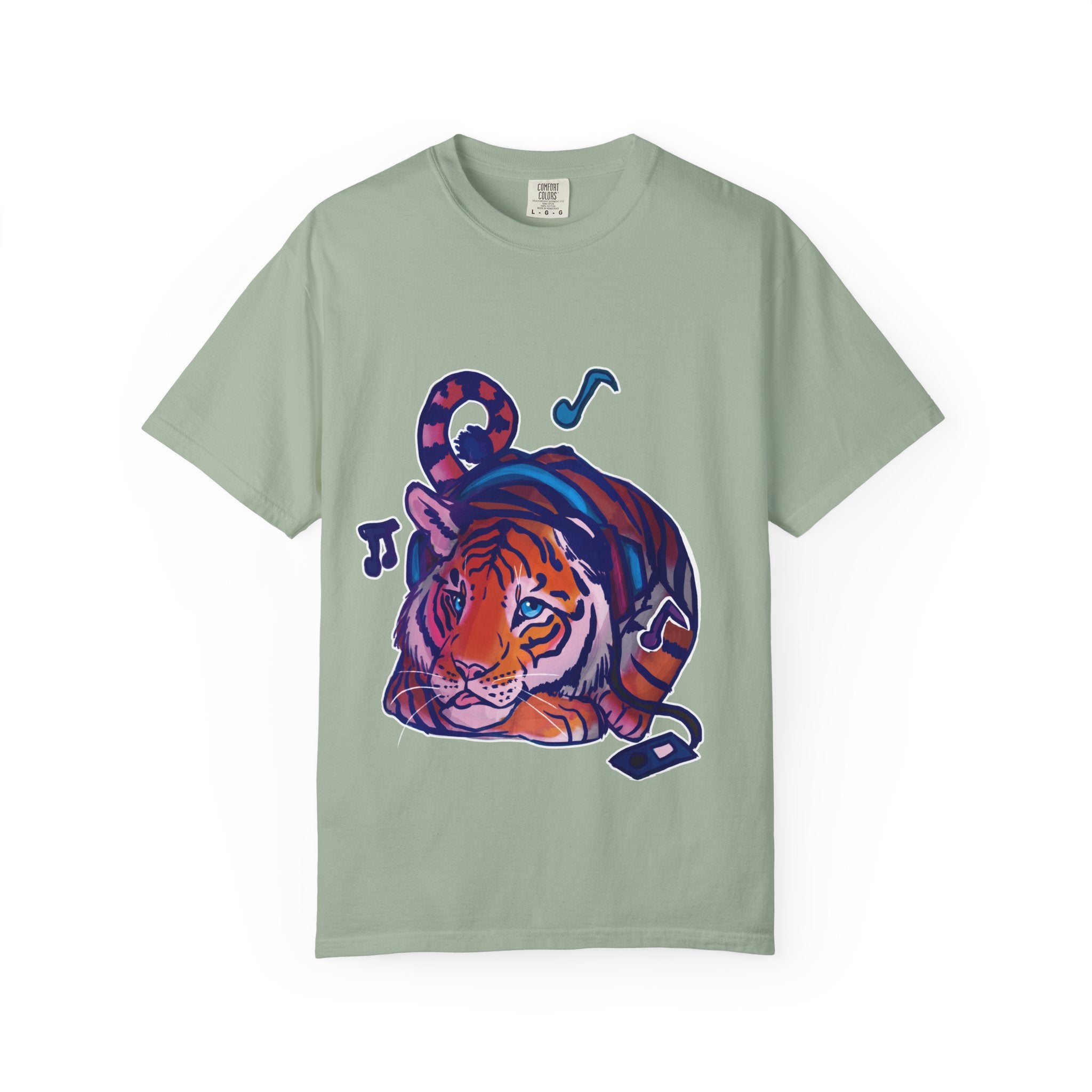 Tiger Listening to Music T-Shirt — Colorful Relaxed Cat Nap Graphic Tee
