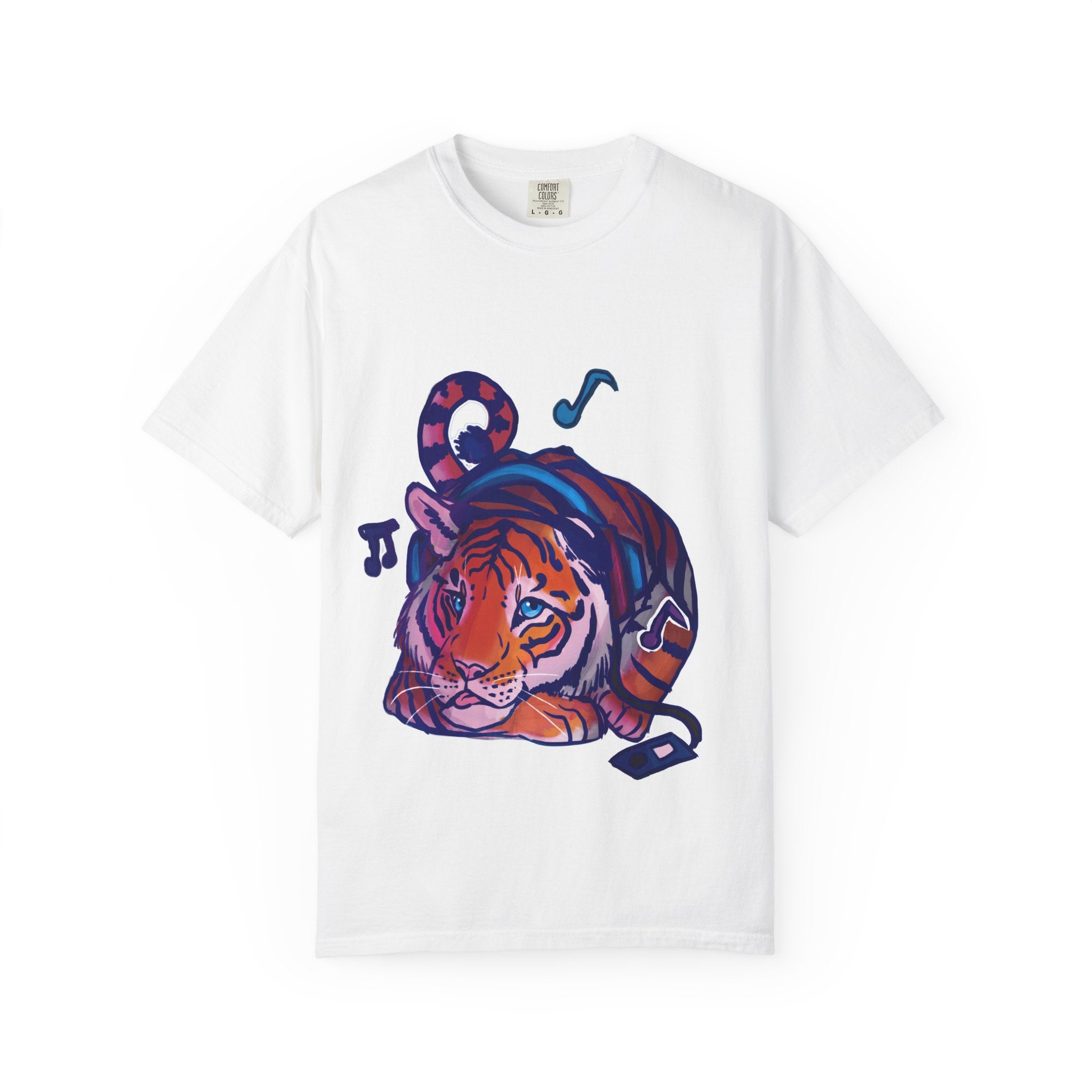 Tiger Listening to Music T-Shirt — Colorful Relaxed Cat Nap Graphic Tee