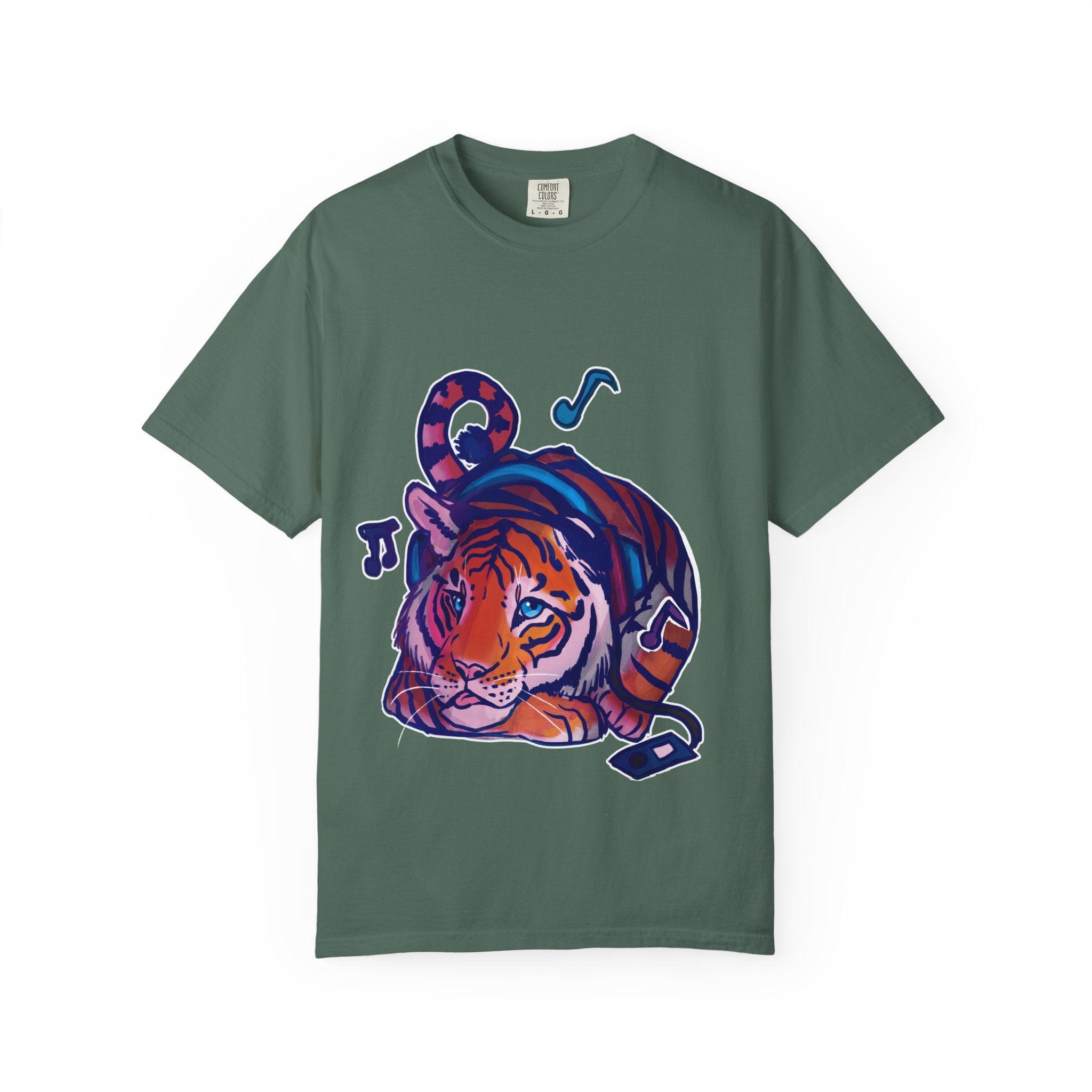 Tiger Listening to Music T-Shirt — Colorful Relaxed Cat Nap Graphic Tee