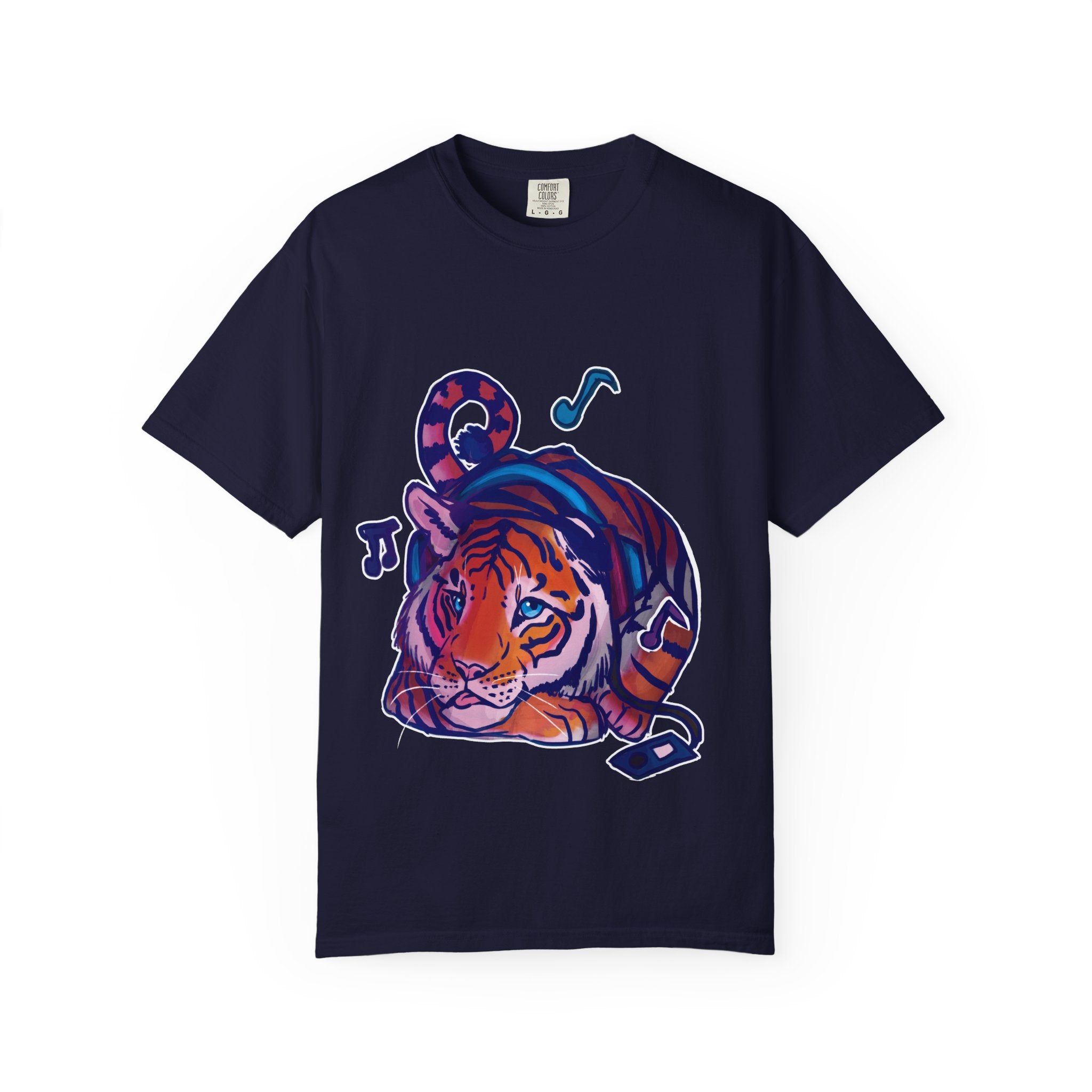 Tiger Listening to Music T-Shirt — Colorful Relaxed Cat Nap Graphic Tee