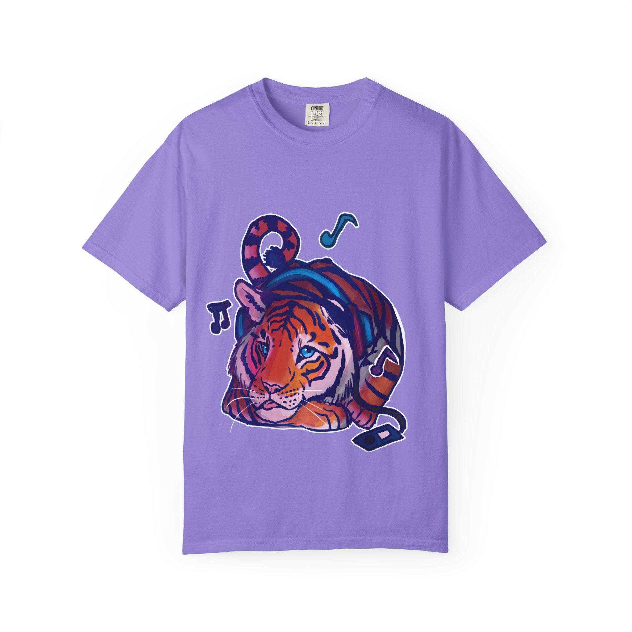 Tiger Listening to Music T-Shirt — Colorful Relaxed Cat Nap Graphic Tee