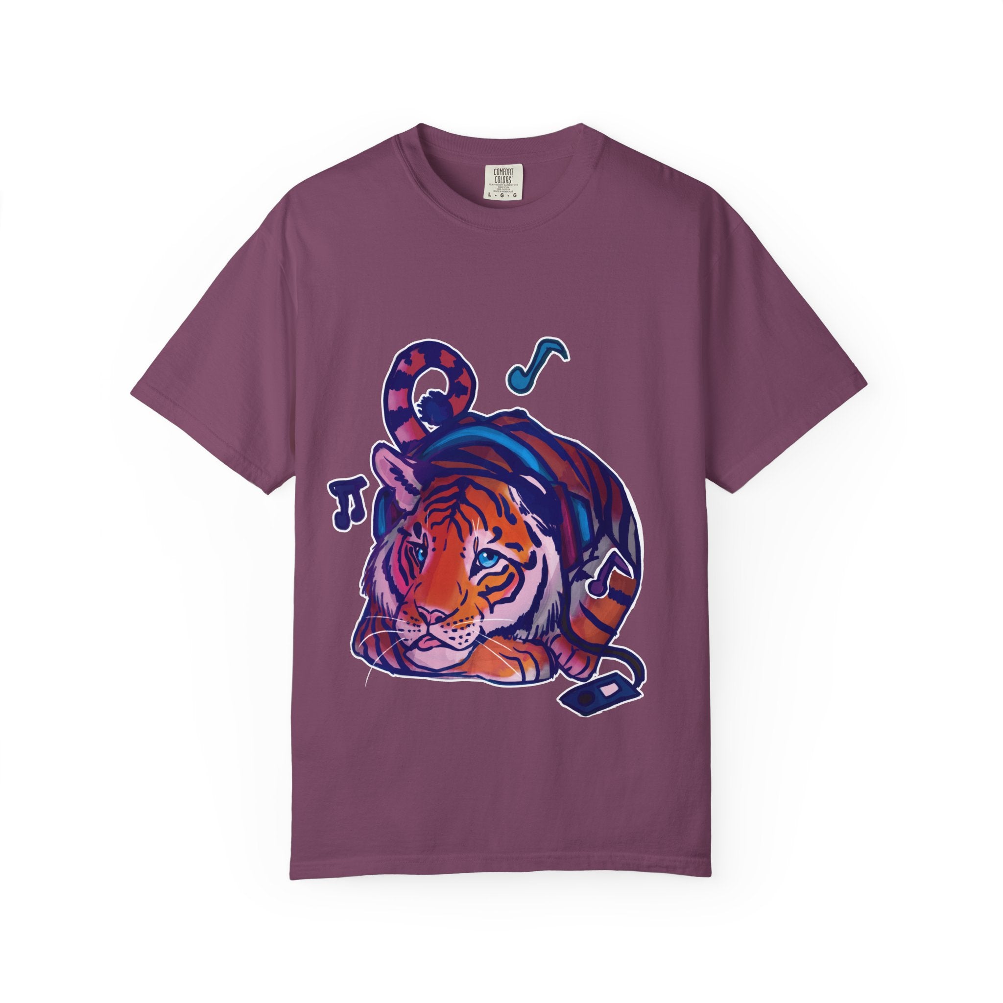 Tiger Listening to Music T-Shirt — Colorful Relaxed Cat Nap Graphic Tee