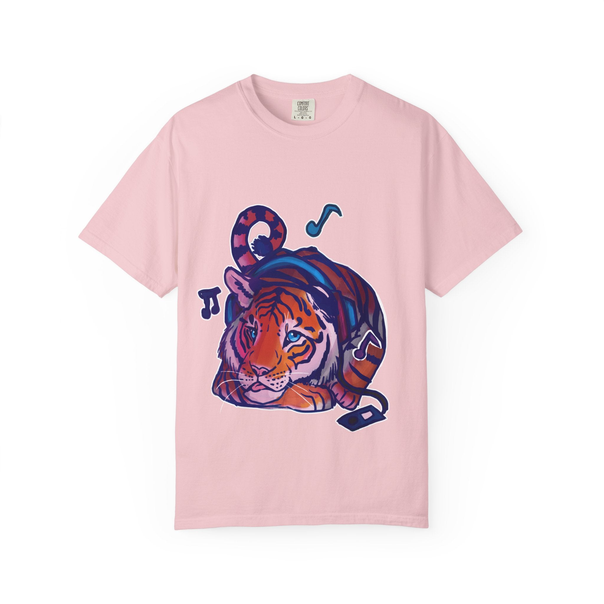 Tiger Listening to Music T-Shirt — Colorful Relaxed Cat Nap Graphic Tee