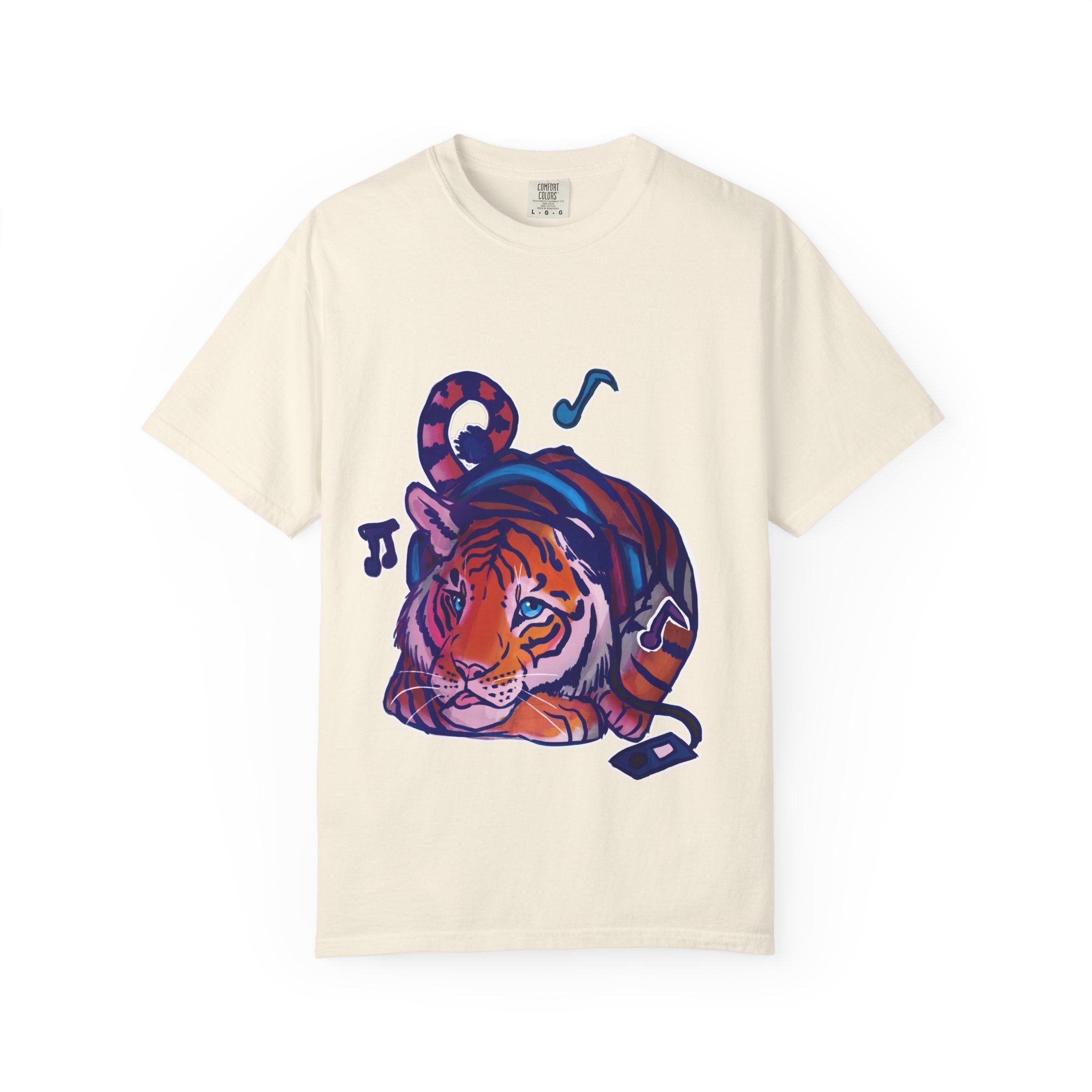 Tiger Listening to Music T-Shirt — Colorful Relaxed Cat Nap Graphic Tee
