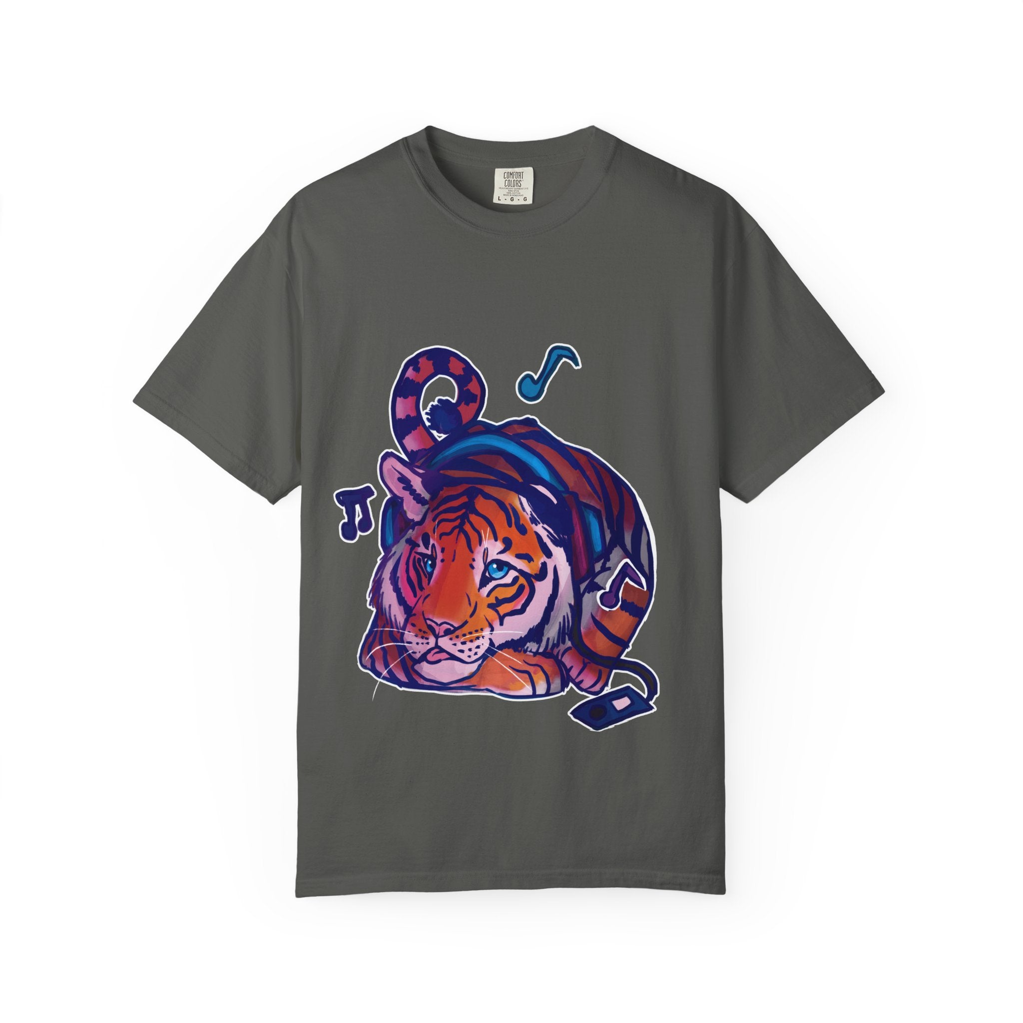 Tiger Listening to Music T-Shirt — Colorful Relaxed Cat Nap Graphic Tee