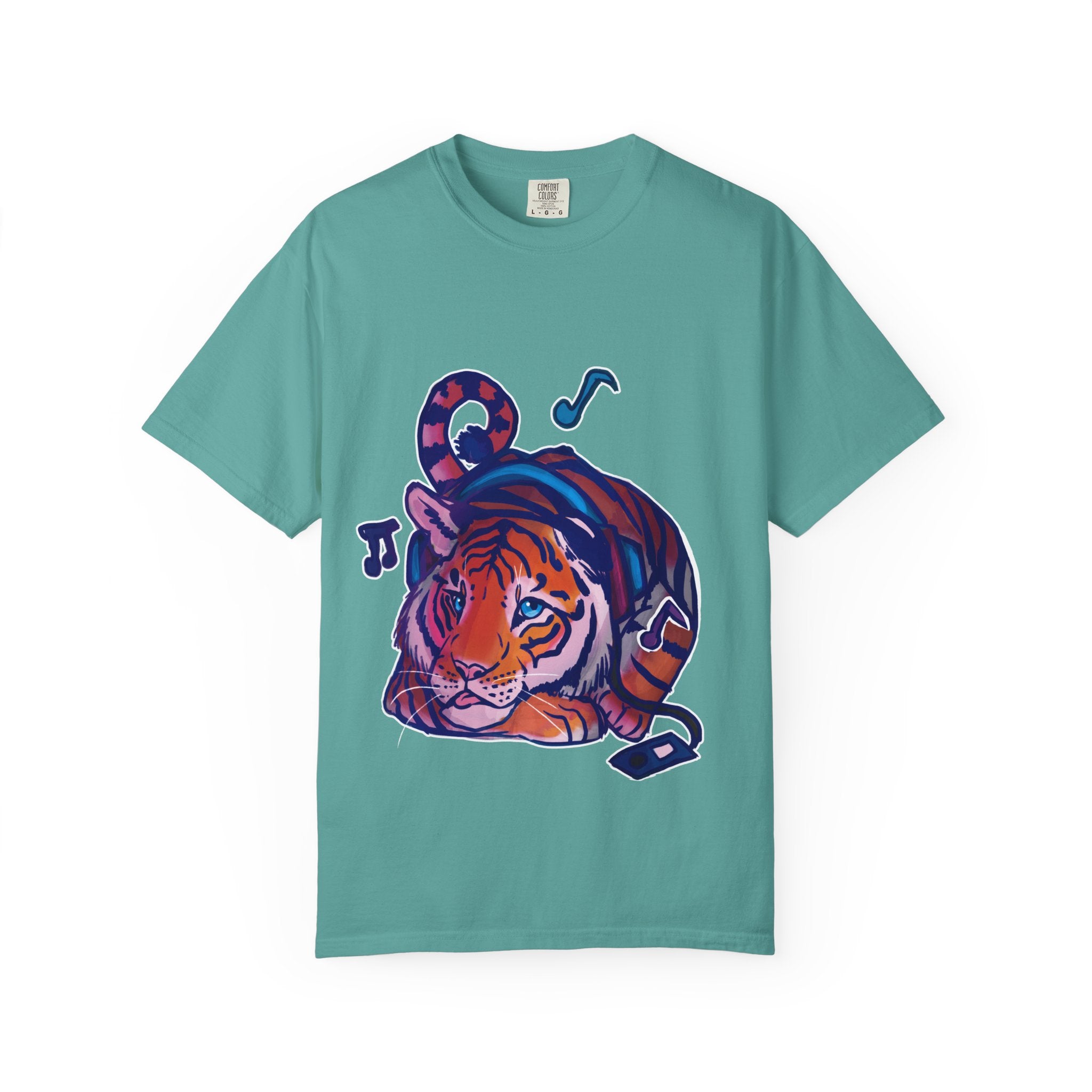 Tiger Listening to Music T-Shirt — Colorful Relaxed Cat Nap Graphic Tee