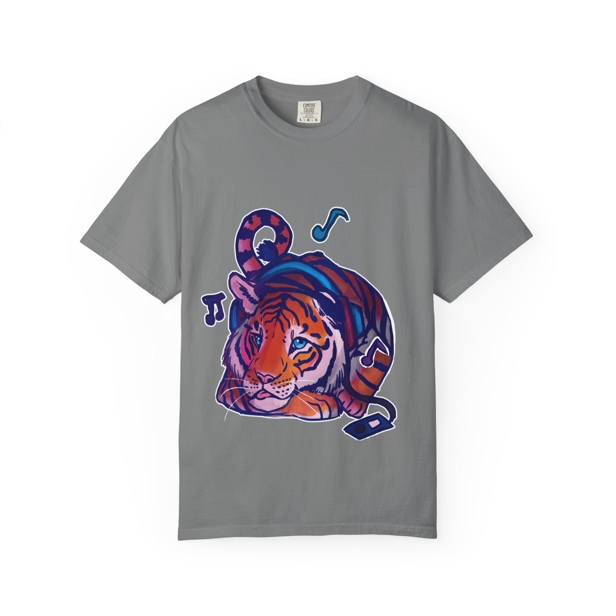 Tiger Listening to Music T-Shirt — Colorful Relaxed Cat Nap Graphic Tee